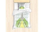 Abakuhaus Set Copripiumino Per Letto Singolo Torre Eiffel, Paesaggio Turistico, Antiacaro, Adatto A Chi Soffre Di Allergie, Con Federa, 135 Cm X 200 Cm - 80 X 80 Cm, Bianco Verde Chiaro