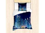 Abakuhaus Set Copripiumino Nottocean Per Letti Singoli, Foto Skyline Urbano, Antiacaro, Adatto A Chi Soffre Di Allergie, Con Federa, 135 Cm X 200 Cm - 80 X 80 Cm, Blu Petrolio Scuro Beige