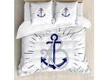 Abakuhaus Set Copripiumino Vintage Nautical Tattoo Per Letti Singoli, Disegno Monocromatico, Antiacaro E Anallergico Con Federa, 155 Cm X 220 Cm - 80 X 80 Cm, Indaco E Bianco