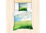 Abakuhaus Set Copripiumino Per Letto Singolo Con Motivo Floreale, Sole E Nuvole, Antiacaro, Adatto A Chi Soffre Di Allergie, Con Federa, 135 Cm X 200 Cm - 80 X 80 Cm, Verde Azzurro Cielo