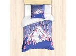 Abakuhaus Set Copripiumino Con Motivi Floreali, Fiori Di Ciliegio, Uccellini E Montagne, 135 X 200 Cm + 80 X 80 Cm, Blu Cielo E Rosa Baby