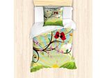 Abakuhaus Set Copripiumino Per Letto Singolo Con Motivo Floreale, Uccellini Su Un Albero, Antiacaro E Anallergico, Con Federa, 135 Cm X 200 Cm - 80 X 80 Cm, Fern Green Multicolor