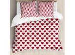 Set Copripiumino Abakuhaus Vintage Valentine, Design Romantico Monocromatico Con Cuori Classici Continui, 155 X 220 Cm + 80 X 80 Cm, Rosso Cinabro Grigio Bianco