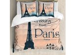 Abakuhaus Set Copripiumino Torre Eiffel, Saluti Da Parigi Francia Poster Romantico, 155 X 220 Cm + 80 X 80 Cm, Pesca Blu Ardesia Scuro