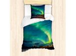 Abakuhaus Set Copripiumino Notte Oceanica, Aurora Boreale Notte Stellata Paesaggio Norvegia, 135 X 200 Cm + 80 X 80 Cm, Shamrock Cioccolato Verde