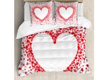 Set Copripiumino Abakuhaus Vintage Valentine, Cuoricini Bicolori Sparsi Che Formano Un Grande Motivo Romantico, 200 X 200 Cm + 80 X 80 Cm, Rosso Cinabro Rosa Pastello