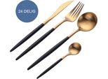 Set Di Posate Krumble 24 Pezzi - 6 Persone - Set Di Posate Composto Da Coltello, Forchetta, Cucchiaio E Cucchiaio Da Dessert - Coltello Da Tavola - Cucchiaio Da Tavola - Acciaio Inossidabile - Oro E Nero