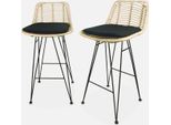Set Di 2 Sgabelli Da Bar In Metallo E Rattan, 67Cm, Nero