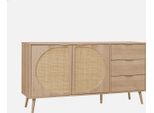 Credenza In Legno E Canna A 2 Ante E 3 Cassetti, 150Cm, Marrone Naturale