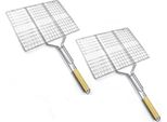 2 X Portavivande Per Barbecue Con Manico In Legno | Cestino Per Grigliate Di Pesce, Verdure, Bistecche, Scampi E Cotolette | Griglia In Metallo 38,5 X 28 Cm | Cestino Per Verdure, Hamburger, Girarrosto | Cestino Per Grigliate | Griglia Per Barbecue