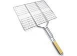 Portavivande Per Barbecue Con Manico In Legno | Cestello Per Grigliate Di Pesce, Verdure, Bistecche, Gamberi E Cotolette | Griglia In Metallo 38,5 X 28 Cm | Cestello Per Verdure, Hamburger, Girarrosto | Cestello Per Grigliate | Griglia Per Barbecue