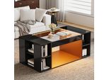 Fortuna Lai 100*50*40 Cm Tavolino Da Salotto, Tavolino Da Caffè Con Parte Centrale Scavata, Tavolino Da Tè Con Piano In Vetro Temperato, Tavolino Da Salotto Led Lucido, Tavolino Natalizio, Nero, Mdf