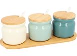 Vasetti Krumble Con Coperchi In Legno - Vasetti Per Lo Zucchero - Vasetti Per Le Erbe - Capacità 300 Ml Per Vasetto - Tavoletta Di Legno E Cucchiaio - 3 Pezzi - Azzurro, Crema, Blu - Ceramica
