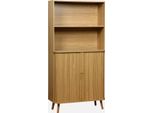 Libreria In Legno Scanalato Con 2 Ante Scorrevoli A 4 Livelli, Marrone Naturale