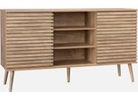 Credenza Scandinava In Legno Con 2 Ante Scorrevoli Scanalate, 140Cm, Marrone Naturale