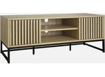Mobile Tv A 2 Ante In Legno Scanalato E Metallo Nero, 120Cm, Marrone Naturale