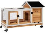 Pawhut Conigliera Nana In Legno, 108 X 58 X 73,5 Cm Conigliera Per Piccoli Animali Con Recinto Per Animali Liberi, Ruote, Tetto Incernierato, Gabbia Per Conigli Nani Con Vassoio Estraibile Per Interni, Esterni, Giallo