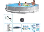 Piscina Intex Round Prism Frame - 366 X 76 Cm - Grigio - Inclusa Copertura Pompa - Pacchetto Manutenzione - Filtro - Hoover