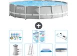 Piscina Intex Round Prism Frame - 457 X 107 Cm - Grigio - Inclusa Pompa - Scaletta - Telo Di Fondo - Pacchetto Manutenzione Copertura - Filtro - Aspirapolvere