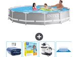 Piscina Intex Con Struttura A Prisma Rotondo - 366 X 76 Cm - Grigio - Include Tenda Da Sole - Pacchetto Manutenzione - Pompa Filtro Per Piscina - Copertura Del Terreno