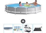 Piscina Intex Con Struttura A Prisma Rotondo - 366 X 76 Cm - Grigio - Copertura Inclusa - Pacchetto Manutenzione - Pompa Filtro Per Piscina - Tappetino Solare