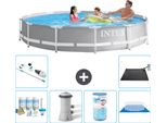 Piscina Intex Con Struttura A Prisma Rotondo - 366 X 76 Cm - Grigio - Pacchetto Manutenzione Incluso - Pompa Filtro Per Piscina - Filtro - Copertura Del Terreno - Aspirapolvere - Tappeto Solare
