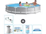 Piscina Intex Round Prism Frame - 366 X 76 Cm - Grigio - Incluso Pacchetto Manutenzione Pompa - Filtro - Telo Di Fondo - Aspirapolvere
