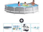 Piscina Intex Con Struttura A Prisma Rotondo - 366 X 76 Cm - Grigio - Copertura Inclusa - Pacchetto Manutenzione - Pompa Filtro Per Piscina - Kit Di Pulizia