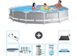 Piscina Intex Con Struttura A Prisma Rotondo - 366 X 76 Cm - Grigio - Include Copertura - Pacchetto Manutenzione - Pompa Filtro Per Piscina - Filtro - Telo Di Fondo - Aspirapolvere