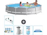 Piscina Intex Con Struttura A Prisma Rotondo - 366 X 76 Cm - Grigio - Pacchetto Di Manutenzione Incluso - Pompa Filtro Per Piscina - Filtro - Copertura Del Terreno - Aspirapolvere