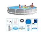 Piscina Intex Round Prism Frame - 366 X 76 Cm - Grigio - Inclusa Pompa - Tenda Da Sole - Pacchetto Manutenzione - Filtro - Telo Di Fondo - Aspirapolvere - Scaletta