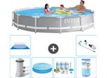 Piscina Intex Round Prism Frame - 366 X 76 Cm - Grigio - Inclusa Pompa - Tenda Da Sole - Pacchetto Manutenzione - Filtro - Telo Di Fondo - Aspirapolvere