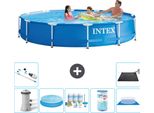 Piscina Intex Con Struttura Rotonda - 366 X 76 Cm - Blu - Pompa Inclusa - Tenda Da Sole - Pacchetto Manutenzione - Filtro - Telo Di Fondo - Aspirapolvere - Tappeto Solare