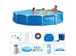Piscina Intex Con Struttura Rotonda - 366 X 76 Cm - Blu - Pompa Inclusa - Tenda Da Sole - Pacchetto Manutenzione - Filtro - Telo Di Fondo - Aspirapolvere - Scaletta