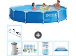 Piscina Intex Con Struttura Rotonda - 366 X 76 Cm - Blu - Pacchetto Manutenzione Pompa Incluso - Filtro - Telo Di Fondo - Aspirapolvere