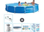Piscina Intex Con Struttura Rotonda - 366 X 76 Cm - Blu - Inclusa Copertura Della Pompa - Pacchetto Manutenzione - Filtro - Aspirapolvere