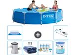 Piscina Intex Con Struttura Rotonda - 305 X 76 Cm - Blu - Inclusa Pompa Tenda Da Sole - Pacchetto Manutenzione - Filtro - Telo Di Fondo - Aspirapolvere