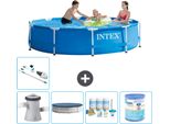 Piscina Intex Con Struttura Rotonda - 305 X 76 Cm - Blu - Inclusa Copertura Della Pompa - Pacchetto Manutenzione - Filtro - Aspirapolvere