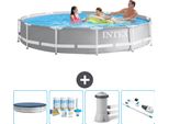 Piscina Intex Con Struttura A Prisma Rotondo - 366 X 76 Cm - Grigio - Copertura Inclusa - Pacchetto Manutenzione - Pompa Filtro Per Piscina - Hoover