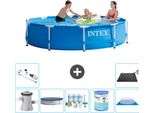 Piscina Intex Con Struttura Rotonda - 305 X 76 Cm - Blu - Inclusa Copertura Della Pompa - Pacchetto Di Manutenzione - Filtro - Copertura Del Terreno - Aspirapolvere - Tappetino Solare