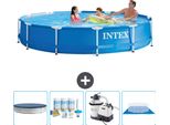 Piscina Intex Con Telaio Rotondo - 366 X 76 Cm - Blu - Include Copertura - Pacchetto Di Manutenzione - Pompa Filtro Per Piscina - Copertura Del Terreno