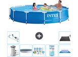 Piscina Intex Con Struttura Rotonda - 366 X 76 Cm - Blu - Inclusa Copertura Della Pompa - Pacchetto Manutenzione - Filtro - Telo Di Fondo - Aspirapolvere - Tappeto Solare