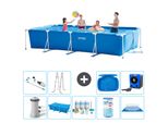 Piscina Intex Con Struttura Rettangolare - 450 X 220 X 84 Cm - Blu - Inclusa Pompa - Tenda Da Sole - Pacchetto Manutenzione - Filtro - Telo Di Fondo - Aspirapolvere - Scaletta