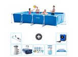Piscina Intex Con Struttura Rettangolare - 450 X 220 X 84 Cm - Blu - Pompa Inclusa - Tenda Da Sole - Pacchetto Manutenzione - Filtro - Telo Di Fondo - Aspirapolvere - Pompa Di Calore