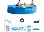 Piscina Intex Con Struttura Rotonda - 305 X 76 Cm - Blu - Pompa Inclusa - Tenda Da Sole - Pacchetto Manutenzione - Filtro - Telo Di Fondo - Aspirapolvere - Tappeto Solare