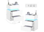 Comodino - Cassettiera Da Letto - Set Di 2 - Led Con Controllo Colore Bluetooth - Usb X2 + 2 Prese - Due Cassetti - Dimensioni 40 X 55 X 35 Cm - Blu