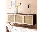 Credenza 175X75X45 Cm In Mango Massiccio / Rattan Con Cassettiera A 3 Ante | Wohnling