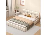 Cdglobal Letto Imbottito 140 X 190 Cm, Letto Per Ragazzi, Letto Matrimoniale Con Schienale Morbido, Letto Piano Con Struttura Imbottita, Rete A Doghe In Lino Beige