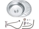Lavello Da Incasso In Acciaio Inox 57X45 Cm, Vasca Rotonda A Sinistra, Ripiano E Sifone A Destra