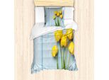 Abakuhaus Set Copripiumino Tulipano, Fiori Gialli Su Sfondo Rustico In Legno Antico - Tema Romantico Di San Valentino, 135 X 200 Cm + 80 X 80 Cm, Giallo Verde Azzurro